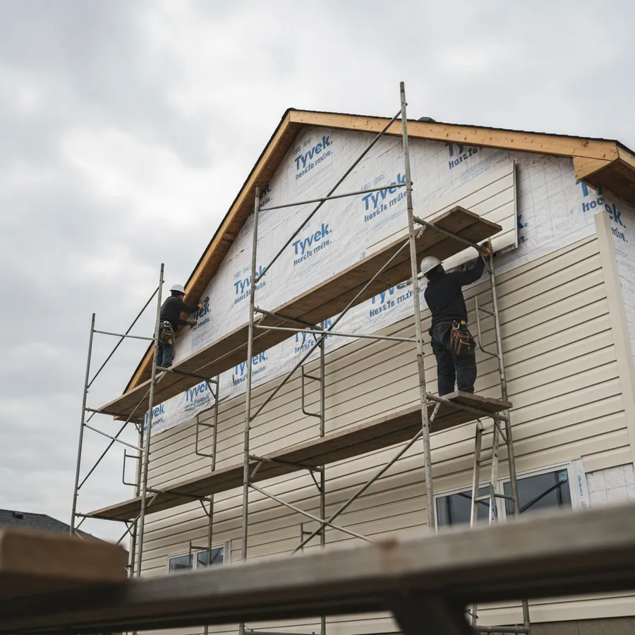 House in process of being re-sided with vinyl siding.