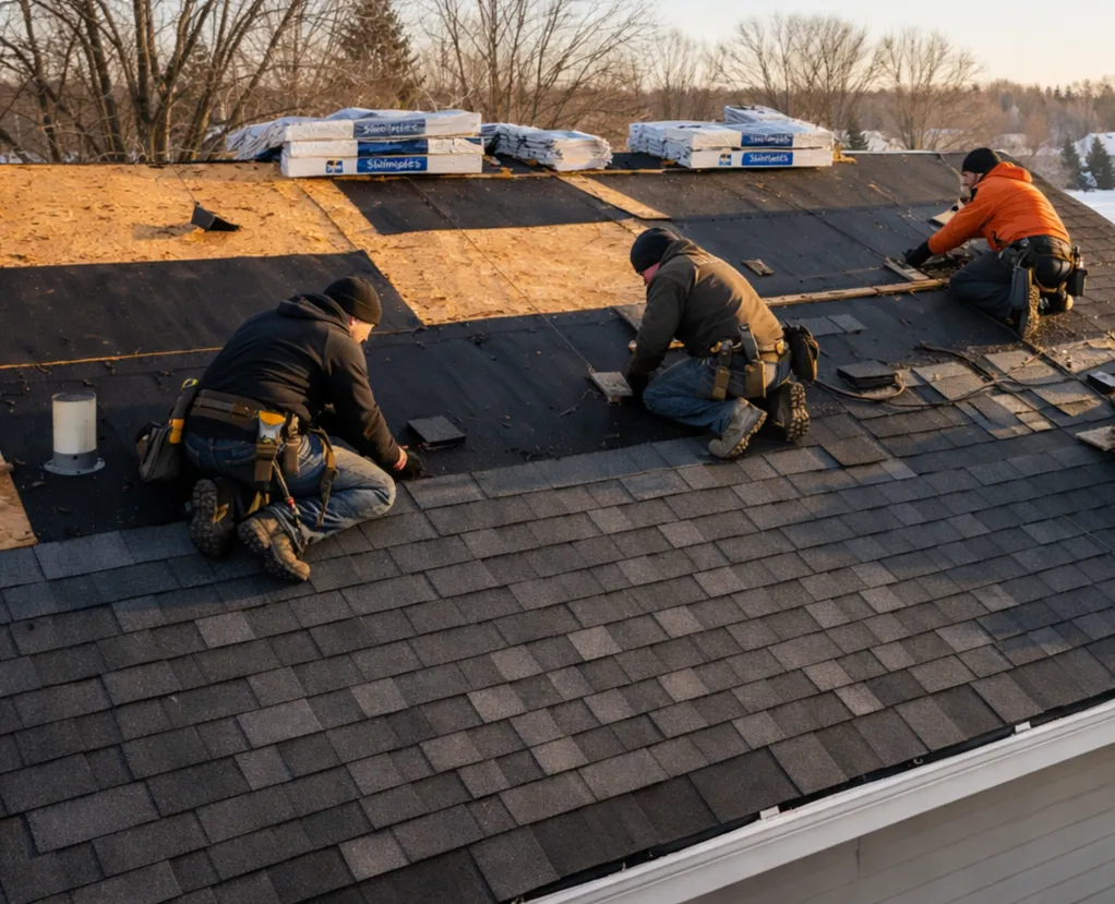 Crew installing asphalt shingles on a Twin Cities home roof during winter preparation